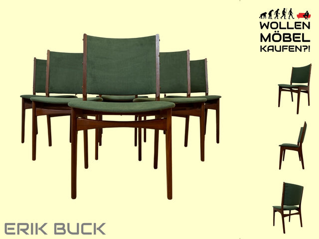 WMK I Set aus 6 skandinavischen Designer Stühlen von Erik Buck aus Nussbaum mit grünem Stoffbezug I Esszimmerstühle Küchenstühle Holzstühle Chairs 6er 60er Danish Design Vintage I Berlin Köln Hamburg