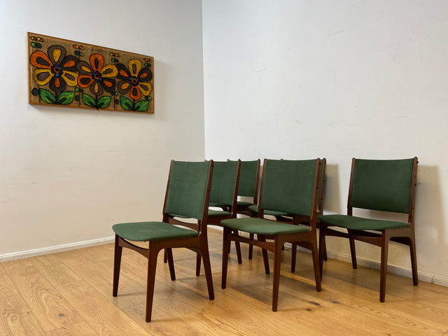WMK I Set aus 6 skandinavischen Designer Stühlen von Erik Buck aus Nussbaum mit grünem Stoffbezug