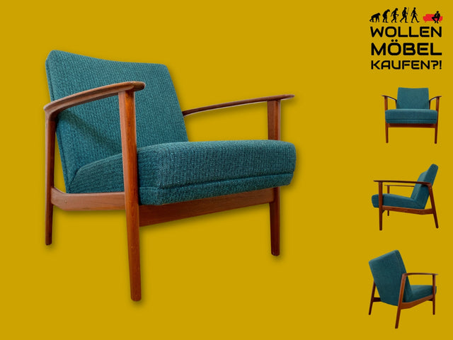 Eleganter skandinavischer Mid-Century Sessel mit Teakholz Rahmen, Federkern und petrol Blauem Original Bezug I Clubsessel Armchair Sitzgarnitur Danish Design Vintage 60er I