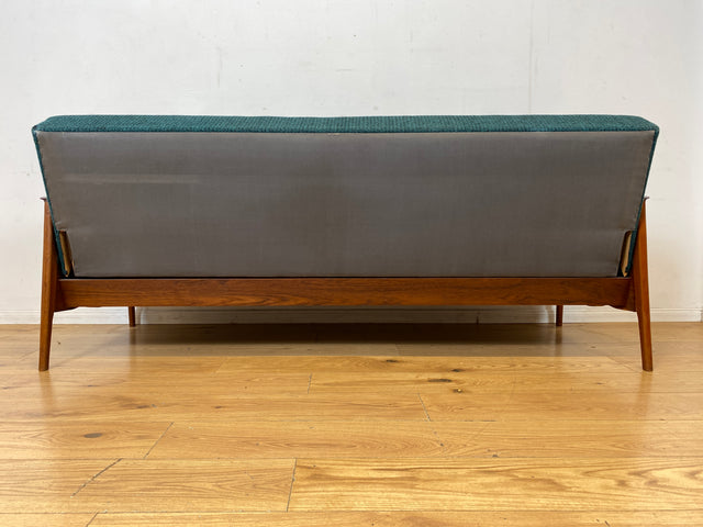 Elegantes skandinavisches Mid-Century Sofa mit Schlaffunktion , Teakholz Rahmen, und petrol Blauem Original Bezug I Couch Schlafsofa Schlafcouch Daybed Sitzgarnitur Danish Design Vintage 60er I