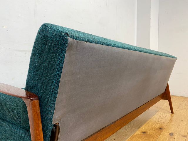 Elegantes skandinavisches Mid-Century Sofa mit Schlaffunktion , Teakholz Rahmen, und petrol Blauem Original Bezug I Couch Schlafsofa Schlafcouch Daybed Sitzgarnitur Danish Design Vintage 60er I