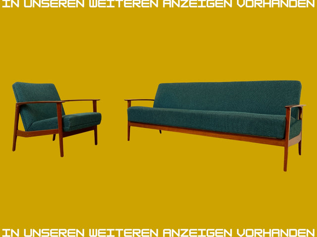 Elegantes skandinavisches Mid-Century Sofa mit Schlaffunktion , Teakholz Rahmen, und petrol Blauem Original Bezug I Couch Schlafsofa Schlafcouch Daybed Sitzgarnitur Danish Design Vintage 60er I