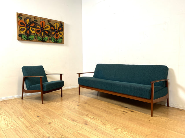 Elegantes skandinavisches Mid-Century Sofa mit Schlaffunktion , Teakholz Rahmen, und petrol Blauem Original Bezug I Couch Schlafsofa Schlafcouch Daybed Sitzgarnitur Danish Design Vintage 60er I