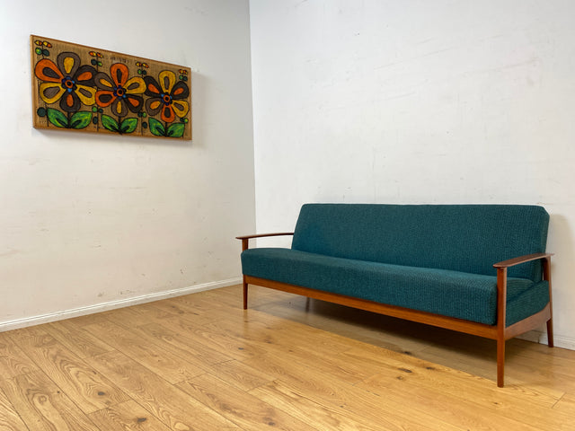Elegantes skandinavisches Mid-Century Sofa mit Schlaffunktion , Teakholz Rahmen, und petrol Blauem Original Bezug I Couch Schlafsofa Schlafcouch Daybed Sitzgarnitur Danish Design Vintage 60er I