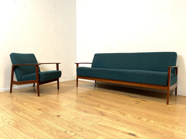 Elegantes skandinavisches Mid-Century Sofa mit Schlaffunktion , Teakholz Rahmen, und petrol Blauem Original Bezug I Couch Schlafsofa Schlafcouch Daybed Sitzgarnitur Danish Design Vintage 60er I