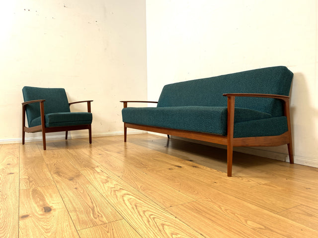 Elegantes skandinavisches Mid-Century Sofa mit Schlaffunktion , Teakholz Rahmen, und petrol Blauem Original Bezug I Couch Schlafsofa Schlafcouch Daybed Sitzgarnitur Danish Design Vintage 60er I