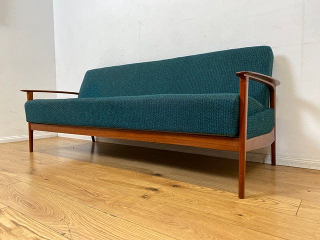 Elegantes skandinavisches Mid-Century Sofa mit Schlaffunktion , Teakholz Rahmen, und petrol Blauem Original Bezug I Couch Schlafsofa Schlafcouch Daybed Sitzgarnitur Danish Design Vintage 60er I