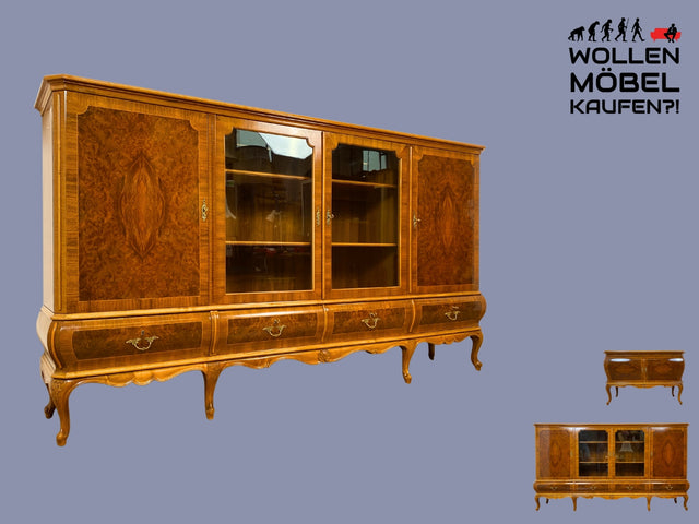 WMK I Hochwertiger Stilmöbel Wohnzimmerschrank im antiken Stil I Vollholz in Nussbaum mit Intarsien I Vitrine Geschirrschrank Anrichte Sideboard Highboard Barock Rokoko Vintage Berlin Bayern Dresden