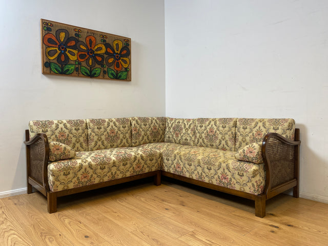 WMK I Wunderschönes antikes Ecksofa mit floralem Bezug , Wiener Geflecht und Federkern (Kopie)