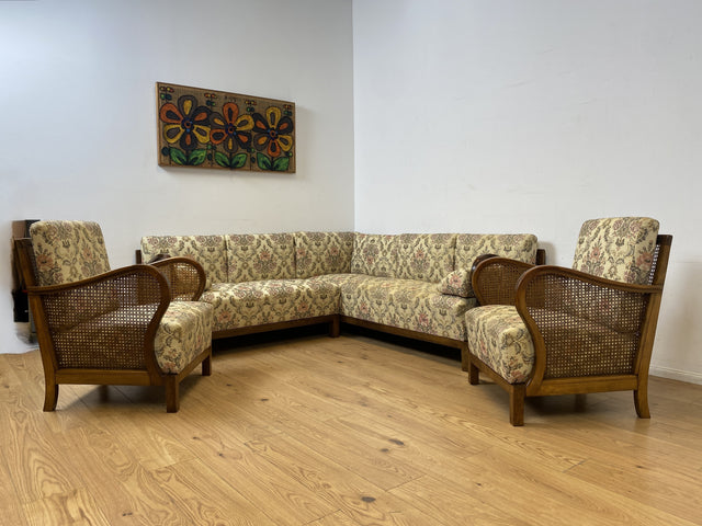 WMK I Wunderschönes antikes Ecksofa mit floralem Bezug , Wiener Geflecht und Federkern (Kopie)