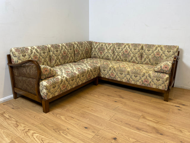 WMK I Wunderschönes antikes Ecksofa mit floralem Bezug , Wiener Geflecht und Federkern (Kopie)