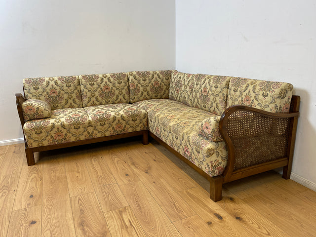 WMK I Wunderschönes antikes Ecksofa mit floralem Bezug , Wiener Geflecht und Federkern (Kopie)