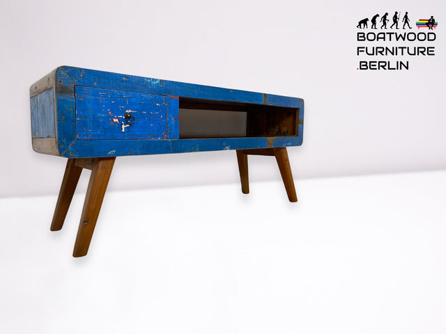 Boatwood by WMK I Einzigartiges handgefertigtes TV Lowboard aus altem Bootsholz in Blau mit Schublade und Fach I Teakholz massiv I Sideboard Kommode Bank Rack Stand Fernsehkommode Berlin Bremen Köln