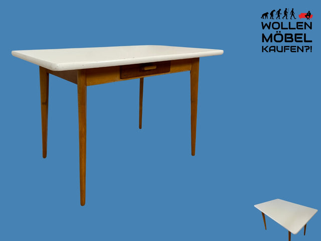 WMK I Freundlicher heller Mid-Century Küchentisch mit Schublade & pflegeleichter Resopal Tischplatte I Tisch Holztisch Esstisch Esszimmertisch Dining Table Retro Vintage 60er 70er Berlin Köln Hamburg