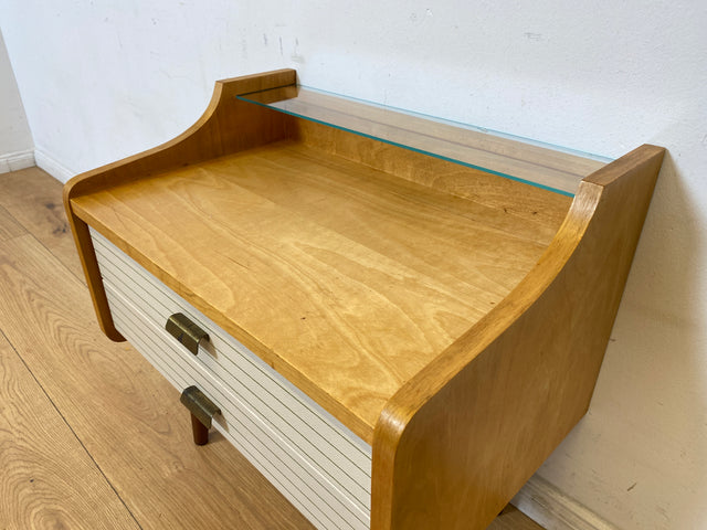 WMK I Formschöner heller Mid-Century Nachttisch mit Schubladen und konischen Füßen I Nachtschrank Nachtschränkchen Nachtkommode Kommode Beistelltisch Ablage Vintage 50er 60er I Berlin Köln Bayern