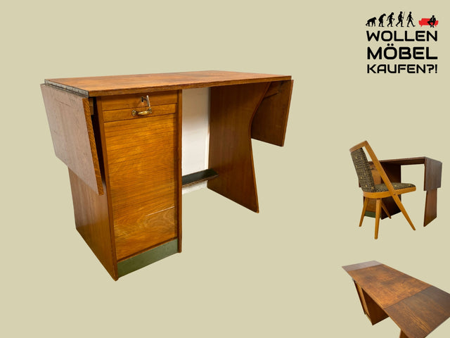 WMK I Besonderer kleiner freistehender 30er Jahre Schreibtisch mit aufklappbarer Schreibfläche und Rollladen I Bürotisch Computertisch Schultisch Art Deco Bauhaus Vintage I Berlin Hannover Hamburg