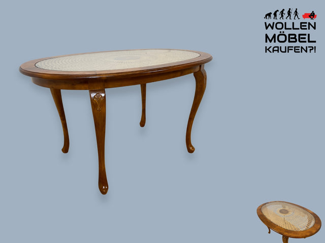 WMK I Edler handverzierter ovaler 60er Jahre Chippendale Couchtisch mit Glasplatte und Wiener Sonnengeflecht I Wohnzimmertisch Coffee Table Sofatisch Glastisch Geflecht Vintage I Berlin Aachen Siegen