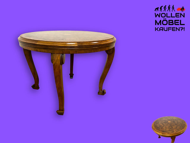 WMK I Wunderschöner runder antiker Salontisch in Nussbaum Wurzelholz mit Sternintarsie, um 1900 I Tisch Wohnzimmertisch Couchtisch Beistelltisch Gründerzeit Historismus Vintage I Berlin Siegen Jena