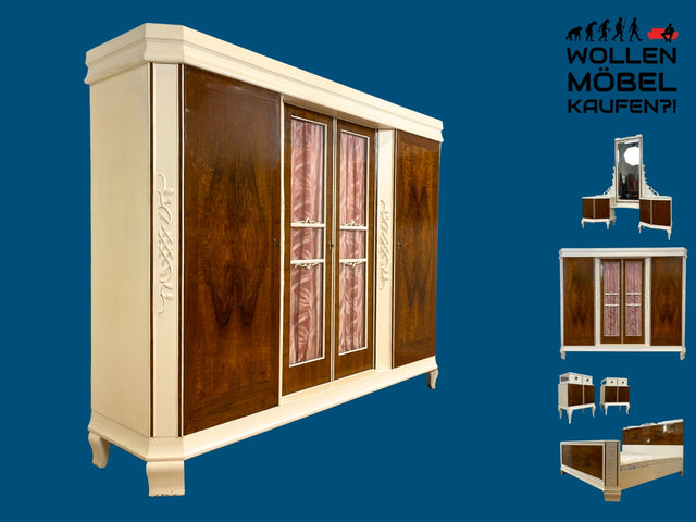 WMK I Wunderschöner weißer 30er Jahre Art Deco Kleiderschrank I Vollholz I mit Glastüren & Spiegel I Schrank Schlafzimmerschrank Wäscheschrank Wardrobe Antik Vintage Jugendstil I Berlin Dresden NRW
