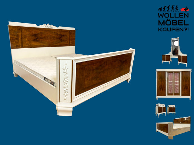 WMK I Wunderschönes weißes 30er Jahre Art Deco Doppelbett I Vollholz I mit Matratzen und Lattenrost I Bett Bed Schlafzimmerbett Schlafzimmer Antik Vintage Jugendstil I Berlin Hannover Hamburg Bremen