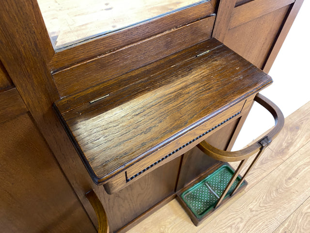 Elegante antike Garderobe aus Eiche mit Spiegel, Hutablage, und 2 Schirmständern und Ablage I Flurgarderobe Garderobenwand Wandgarderobe Kleiderhaken Jugendstil Vintage I