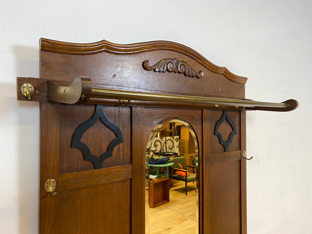 Elegante antike Garderobe aus Eiche mit Spiegel, Hutablage, und 2 Schirmständern und Ablage I Flurgarderobe Garderobenwand Wandgarderobe Kleiderhaken Jugendstil Vintage I