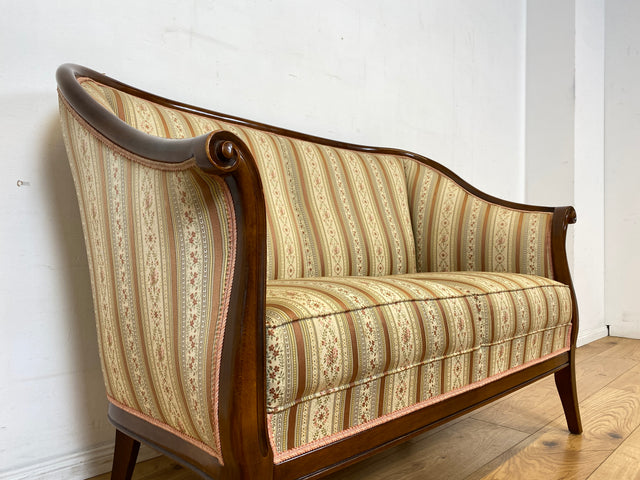 I Elegante und sehr gut erhaltene antike Sitzgarnitur aus Sofa und 2 Sessel mit Federkern und hochwertigem gestreiftem Stoffbezug I Sitzgruppe Couch Couchgarnitur Zweisitzer Vintage Biedermeier I