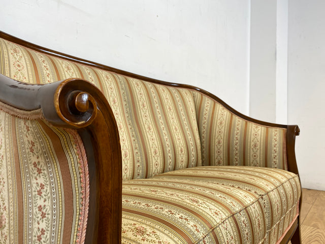 I Elegante und sehr gut erhaltene antike Sitzgarnitur aus Sofa und 2 Sessel mit Federkern und hochwertigem gestreiftem Stoffbezug I Sitzgruppe Couch Couchgarnitur Zweisitzer Vintage Biedermeier I