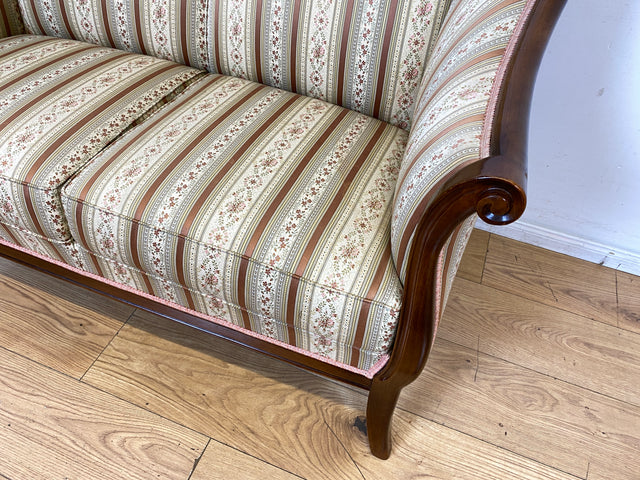 I Elegante und sehr gut erhaltene antike Sitzgarnitur aus Sofa und 2 Sessel mit Federkern und hochwertigem gestreiftem Stoffbezug I Sitzgruppe Couch Couchgarnitur Zweisitzer Vintage Biedermeier I