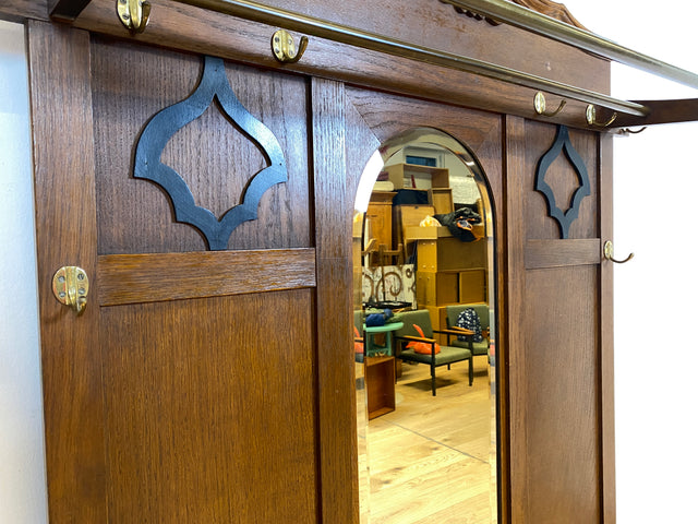 Elegante antike Garderobe aus Eiche mit Spiegel, Hutablage, und 2 Schirmständern und Ablage I Flurgarderobe Garderobenwand Wandgarderobe Kleiderhaken Jugendstil Vintage I