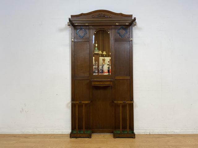 Elegante antike Garderobe aus Eiche mit Spiegel, Hutablage, und 2 Schirmständern und Ablage I Flurgarderobe Garderobenwand Wandgarderobe Kleiderhaken Jugendstil Vintage I