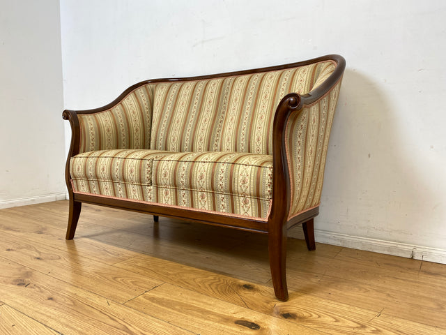 I Elegante und sehr gut erhaltene antike Sitzgarnitur aus Sofa und 2 Sessel mit Federkern und hochwertigem gestreiftem Stoffbezug I Sitzgruppe Couch Couchgarnitur Zweisitzer Vintage Biedermeier I