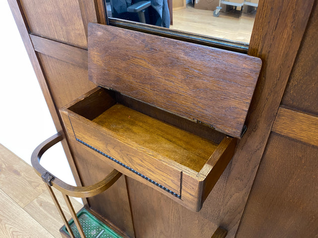 Elegante antike Garderobe aus Eiche mit Spiegel, Hutablage, und 2 Schirmständern und Ablage I Flurgarderobe Garderobenwand Wandgarderobe Kleiderhaken Jugendstil Vintage I