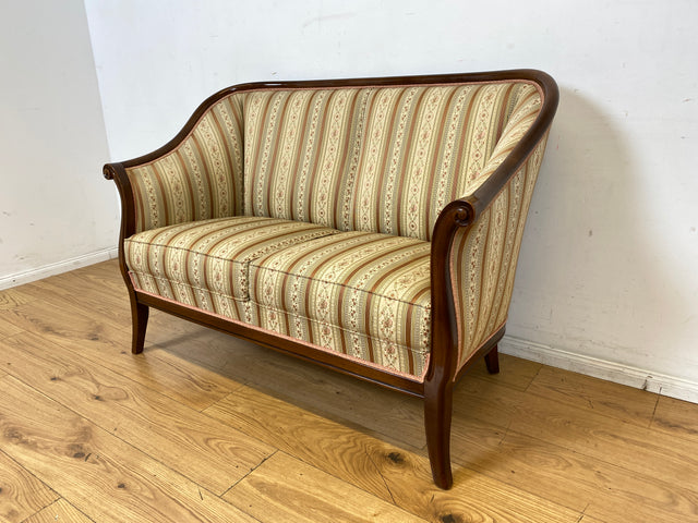 I Elegante und sehr gut erhaltene antike Sitzgarnitur aus Sofa und 2 Sessel mit Federkern und hochwertigem gestreiftem Stoffbezug I Sitzgruppe Couch Couchgarnitur Zweisitzer Vintage Biedermeier I