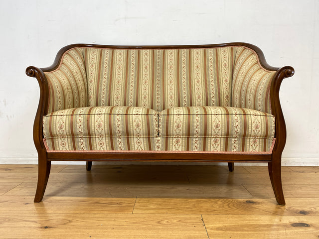 I Elegante und sehr gut erhaltene antike Sitzgarnitur aus Sofa und 2 Sessel mit Federkern und hochwertigem gestreiftem Stoffbezug I Sitzgruppe Couch Couchgarnitur Zweisitzer Vintage Biedermeier I