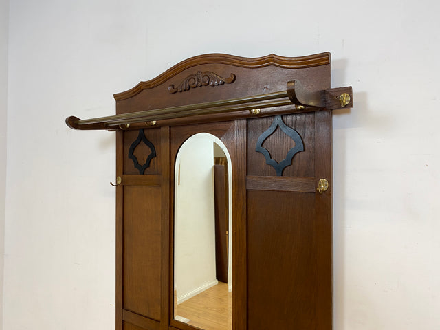 Elegante antike Garderobe aus Eiche mit Spiegel, Hutablage, und 2 Schirmständern und Ablage I Flurgarderobe Garderobenwand Wandgarderobe Kleiderhaken Jugendstil Vintage I