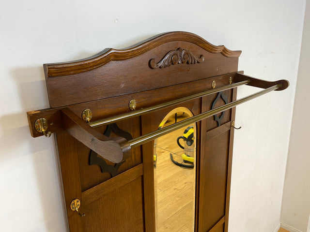 Elegante antike Garderobe aus Eiche mit Spiegel, Hutablage, und 2 Schirmständern und Ablage I Flurgarderobe Garderobenwand Wandgarderobe Kleiderhaken Jugendstil Vintage I