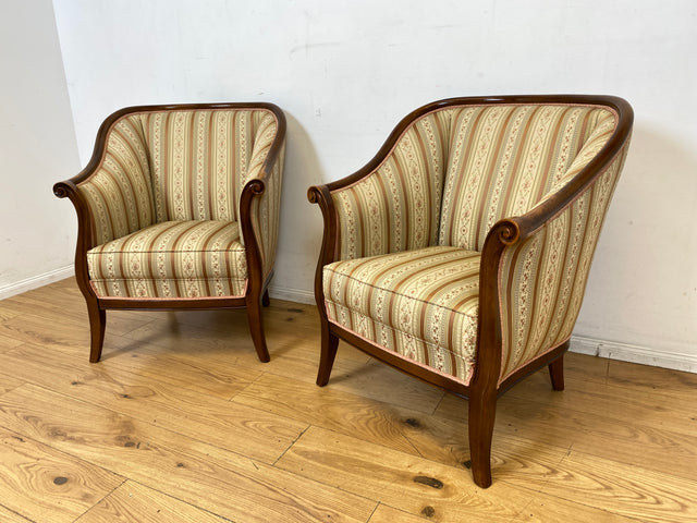 I Elegante und sehr gut erhaltene antike Sitzgarnitur aus Sofa und 2 Sessel mit Federkern und hochwertigem gestreiftem Stoffbezug I Sitzgruppe Couch Couchgarnitur Zweisitzer Vintage Biedermeier I