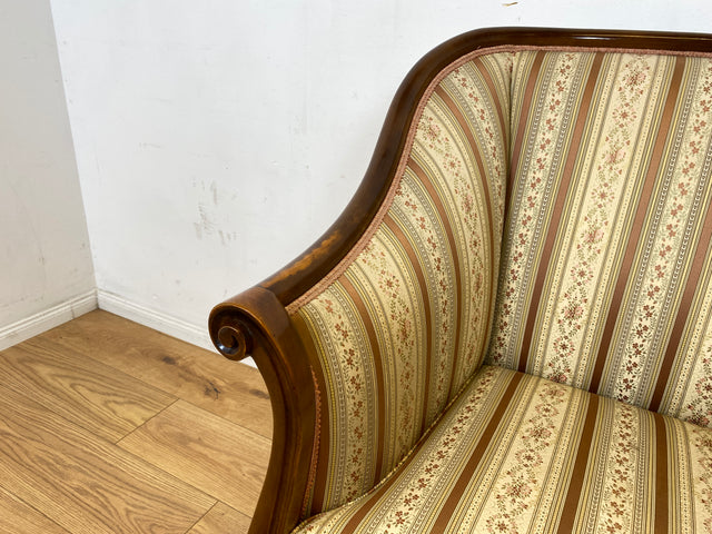 I Elegante und sehr gut erhaltene antike Sitzgarnitur aus Sofa und 2 Sessel mit Federkern und hochwertigem gestreiftem Stoffbezug I Sitzgruppe Couch Couchgarnitur Zweisitzer Vintage Biedermeier I