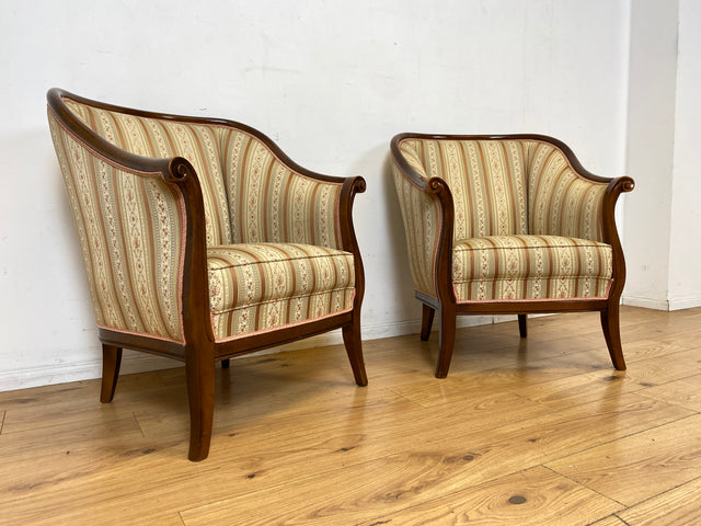 I Elegante und sehr gut erhaltene antike Sitzgarnitur aus Sofa und 2 Sessel mit Federkern und hochwertigem gestreiftem Stoffbezug I Sitzgruppe Couch Couchgarnitur Zweisitzer Vintage Biedermeier I