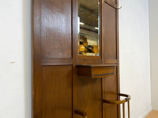 Elegante antike Garderobe aus Eiche mit Spiegel, Hutablage, und 2 Schirmständern und Ablage I Flurgarderobe Garderobenwand Wandgarderobe Kleiderhaken Jugendstil Vintage I
