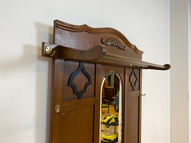 Elegante antike Garderobe aus Eiche mit Spiegel, Hutablage, und 2 Schirmständern und Ablage I Flurgarderobe Garderobenwand Wandgarderobe Kleiderhaken Jugendstil Vintage I