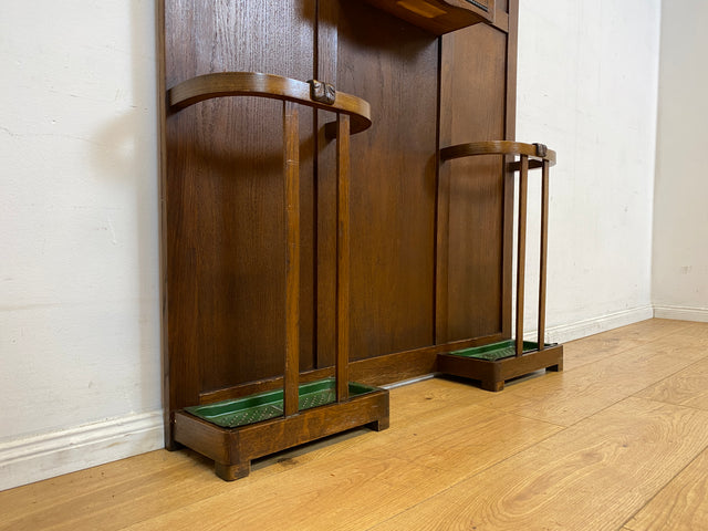 Elegante antike Garderobe aus Eiche mit Spiegel, Hutablage, und 2 Schirmständern und Ablage I Flurgarderobe Garderobenwand Wandgarderobe Kleiderhaken Jugendstil Vintage I