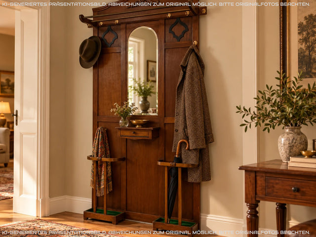 Elegante antike Garderobe aus Eiche mit Spiegel, Hutablage, und 2 Schirmständern und Ablage I Flurgarderobe Garderobenwand Wandgarderobe Kleiderhaken Jugendstil Vintage I