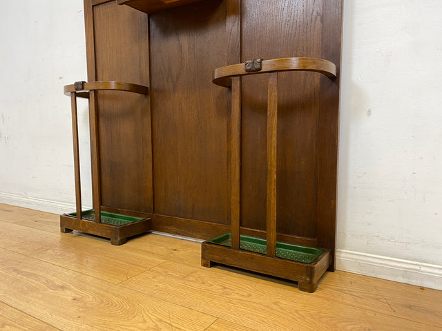 Elegante antike Garderobe aus Eiche mit Spiegel, Hutablage, und 2 Schirmständern und Ablage I Flurgarderobe Garderobenwand Wandgarderobe Kleiderhaken Jugendstil Vintage I