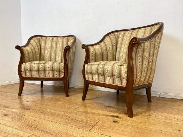 I Elegante und sehr gut erhaltene antike Sitzgarnitur aus Sofa und 2 Sessel mit Federkern und hochwertigem gestreiftem Stoffbezug I Sitzgruppe Couch Couchgarnitur Zweisitzer Vintage Biedermeier I