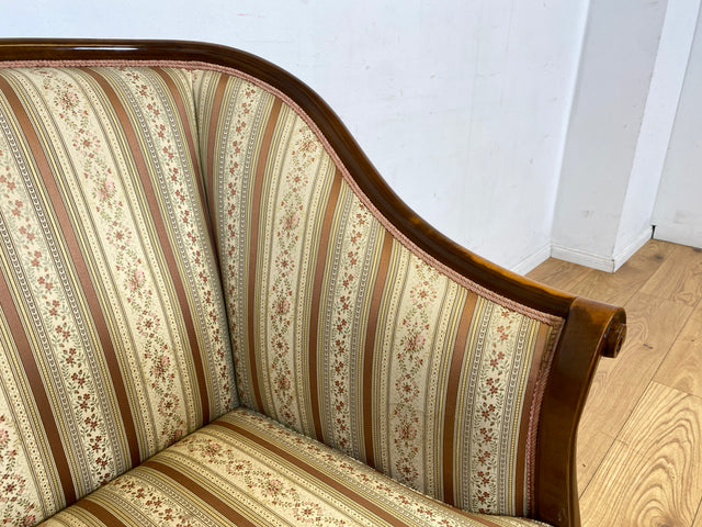 I Elegante und sehr gut erhaltene antike Sitzgarnitur aus Sofa und 2 Sessel mit Federkern und hochwertigem gestreiftem Stoffbezug I Sitzgruppe Couch Couchgarnitur Zweisitzer Vintage Biedermeier I
