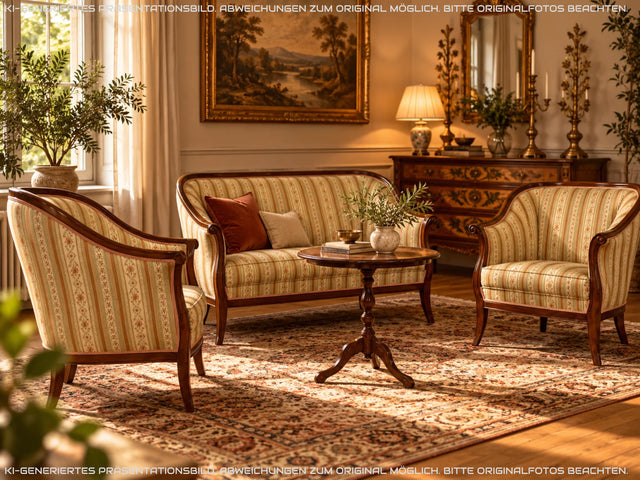 I Elegante und sehr gut erhaltene antike Sitzgarnitur aus Sofa und 2 Sessel mit Federkern und hochwertigem gestreiftem Stoffbezug I Sitzgruppe Couch Couchgarnitur Zweisitzer Vintage Biedermeier I