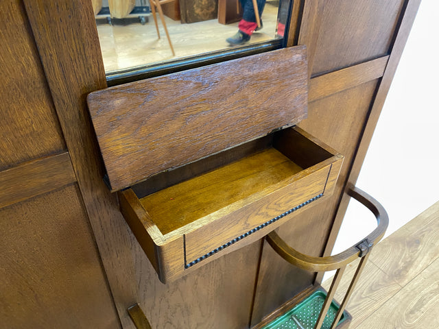 Elegante antike Garderobe aus Eiche mit Spiegel, Hutablage, und 2 Schirmständern und Ablage I Flurgarderobe Garderobenwand Wandgarderobe Kleiderhaken Jugendstil Vintage I