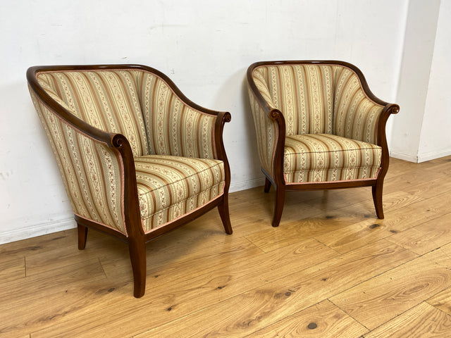 I Elegante und sehr gut erhaltene antike Sitzgarnitur aus Sofa und 2 Sessel mit Federkern und hochwertigem gestreiftem Stoffbezug I Sitzgruppe Couch Couchgarnitur Zweisitzer Vintage Biedermeier I